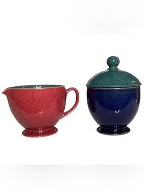 Vintage Denby England Harlequin Stoneware Sugar & Creamer Set Red Navy and Green